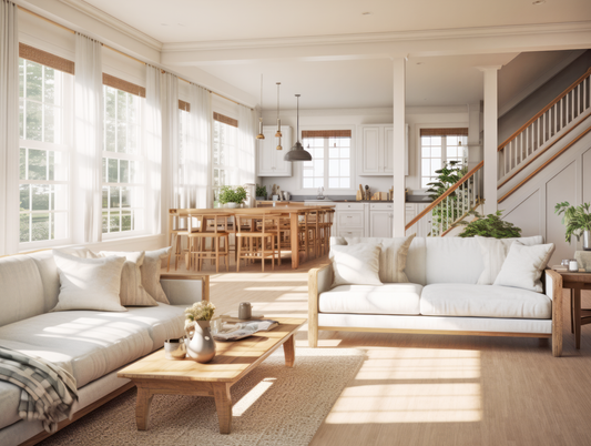Photograph Of Interior Of Farmhouse Featuring Living Room & Kitchen
