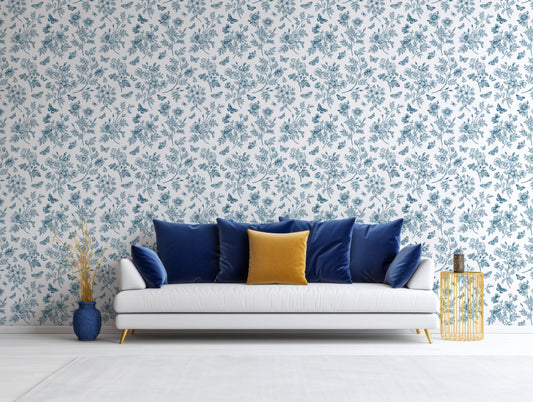 Alice Wallpaper In Living Room With Navy And Gold Interior With White Sofa With Blue And Gold Cushions