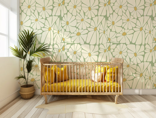 Amaryllis Floral Wallpaper In Nursery With Mustard Yellow Colored Crib And Large Green Plant Next To It