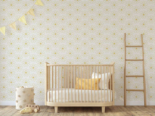 Arleth Wallpaper With Wooden Cot With Yellow Cushions