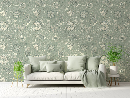 Azalea Wallpaper In Pastel Themed Living Room With Pastel Green Sofa And Green Plants