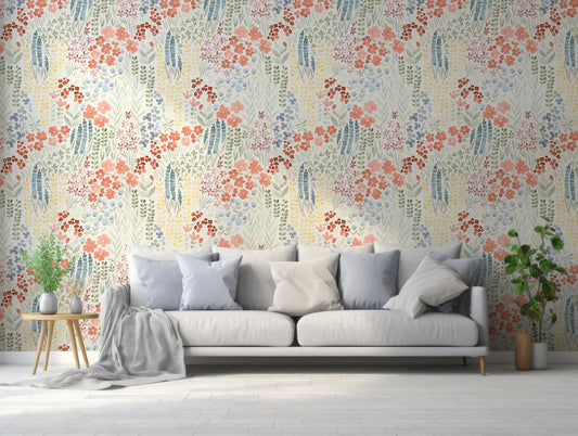 Camellia Wallpaper In Living Room WIth Blue And Grey Sofa And Green Plants