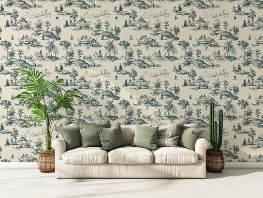 Camille Wallpaper In Living Room With White Sofa With Green Cushions On It And A Cactus On The Right And A Leafy Plant On The Left Of The Sofa