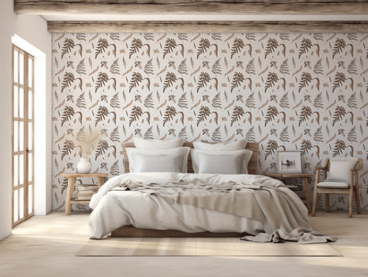 Cordelia Wallpaper In Farmhouse Bedroom With Neutral Colored Bed & Wooden Exposed Beams On Ceiling