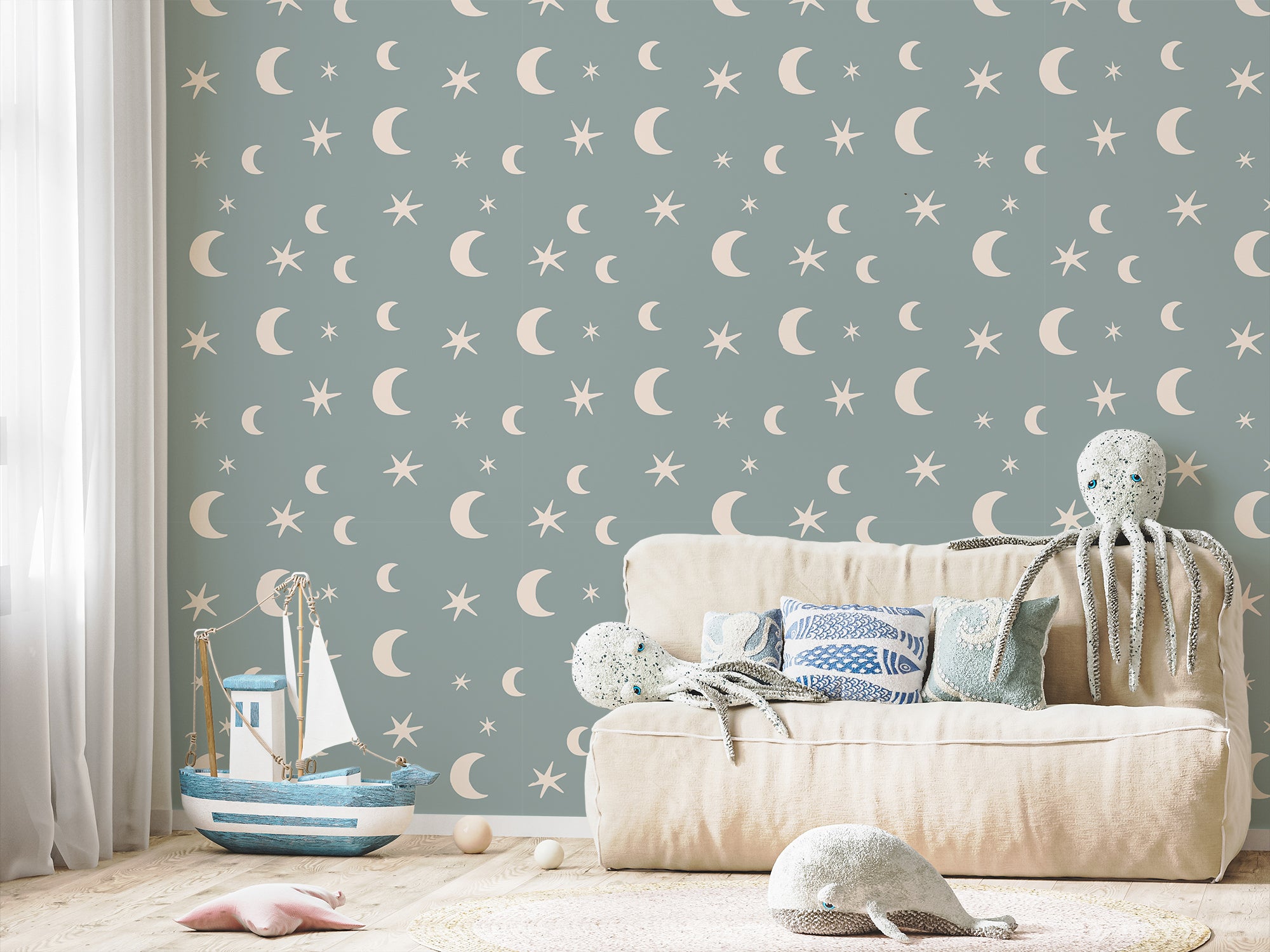 Blue Boho Moons And Stars Nursery Wallpaper | Peel&Paper – Peel & Paper