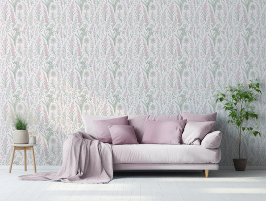 Esther Wallpaper In Living Room With Cool Blue Sofa With Blankets & Pillows