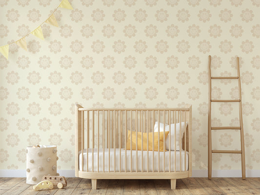 Filimena Wallpaper With Wooden Cot With Yellow Cushions