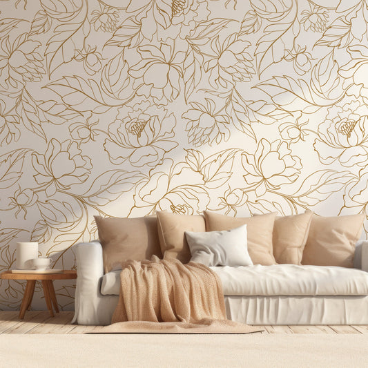 Florian Wallpaper In Living Room With Neutral Cream And Beige Sofa With Feathers Next to Sofa