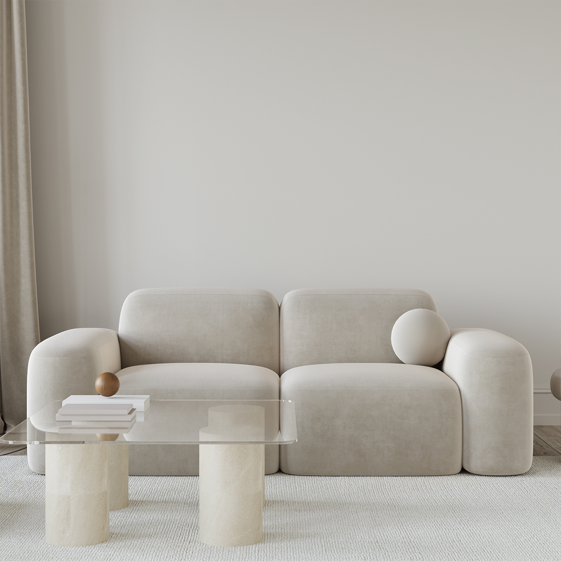 Living Room with Rounded Modern Sofa and Glass Table