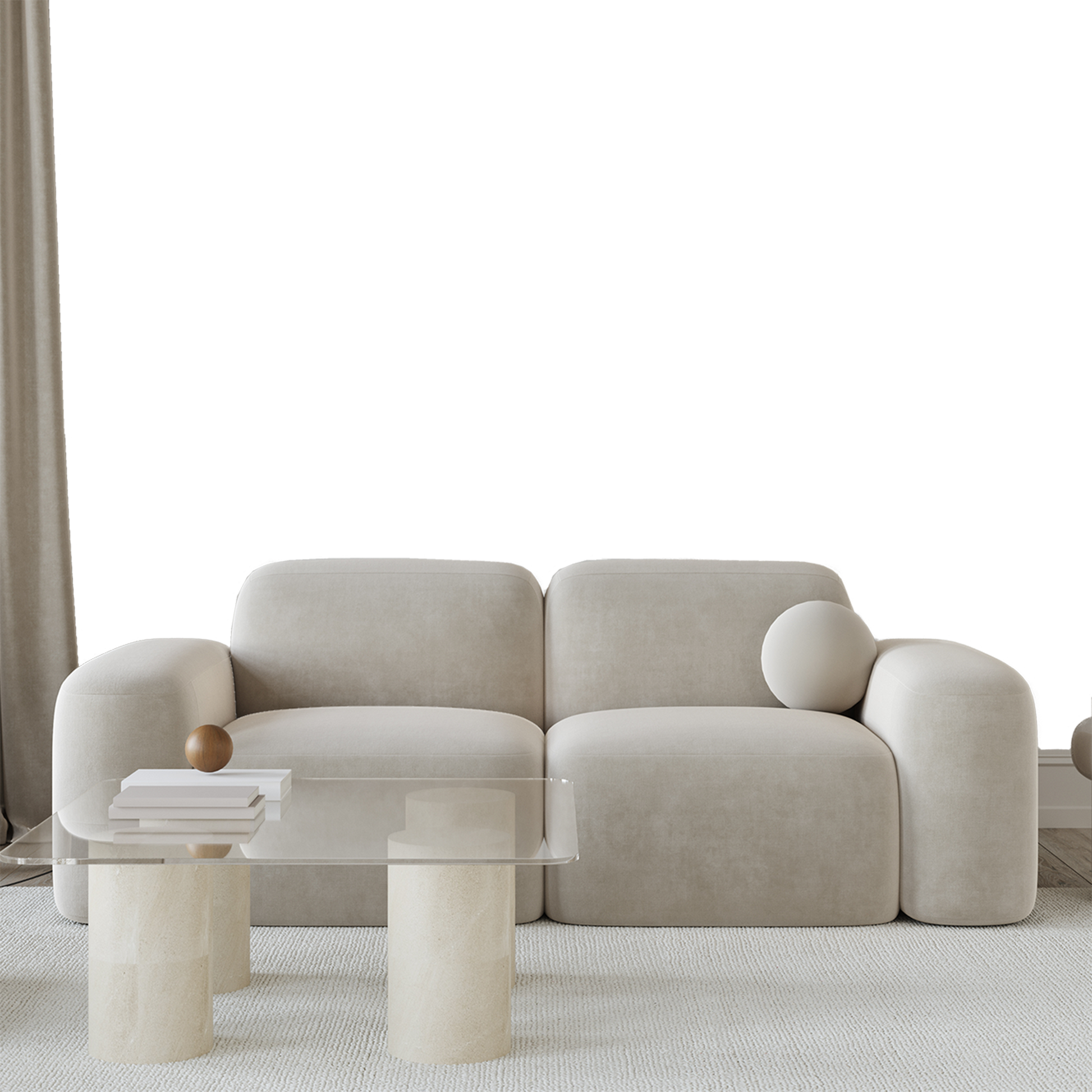 Living Room with Rounded Modern Sofa and Glass Table