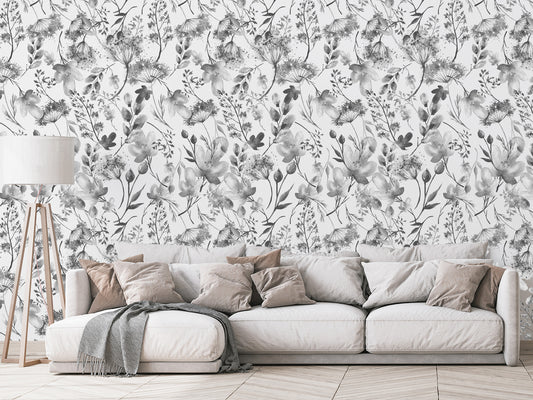 Matilda - Floral Gray Watercolor Wallpaper