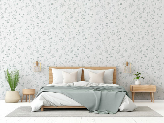 Nola Wallpaper In Bedroom With Wooden Frame Bed With Sage Blanket And Plants Either Side of The Bed