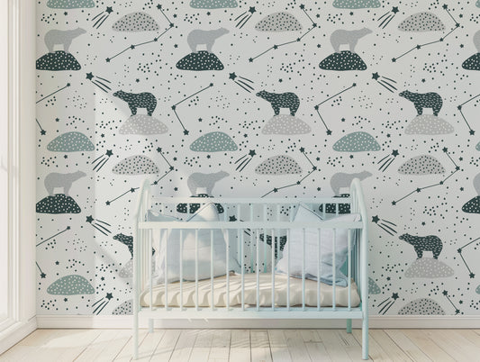 Odette Wallpaper In Bright Natural Lit Nursery With Baby Blue Cot With Light Blue Pillows