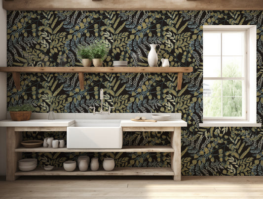 Otillie Wallpaper In Farmhouse Kitchen With Apron Sink With White Grantite Work Top With Plants, Plates And Mason Jars