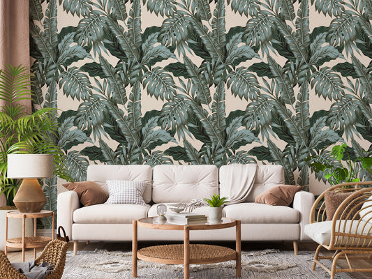 Paloma Wallpaper In Beige Sofa With Lots of Green Plants