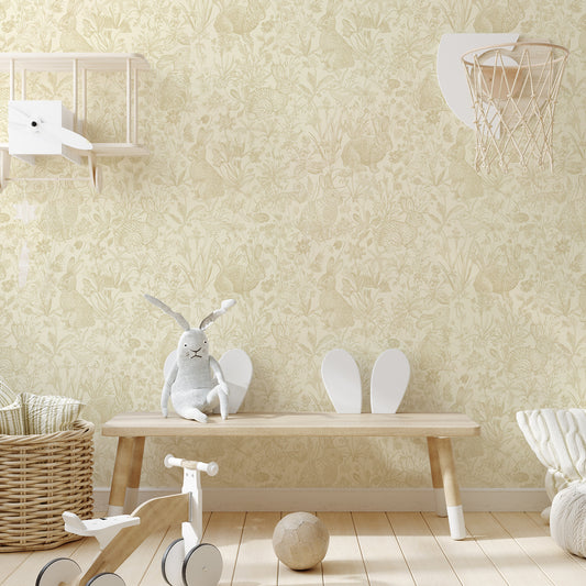 Pascha - Kids Cute Rabbit, Chicks & Floral Plants Sketches Wallpaper