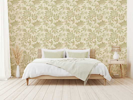 Thea Wallpaper Beige Bed With Beige Plants and Lampshade