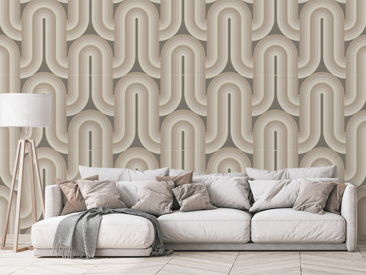 Vida Wallpaper In Modern living room design, white sofa and wooden floor lamp, panorama