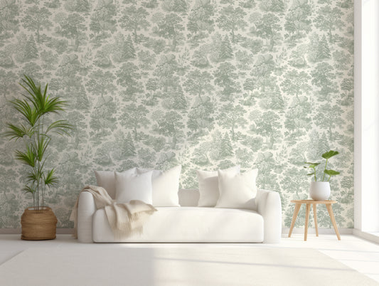 Willow Wallpaper In Living Room With White Sofa, Blankets And Cushions With Green Plants