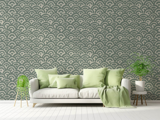 Winona Wallpaper In Pastel Themed Living Room With Pastel Green Sofa And Green Plants