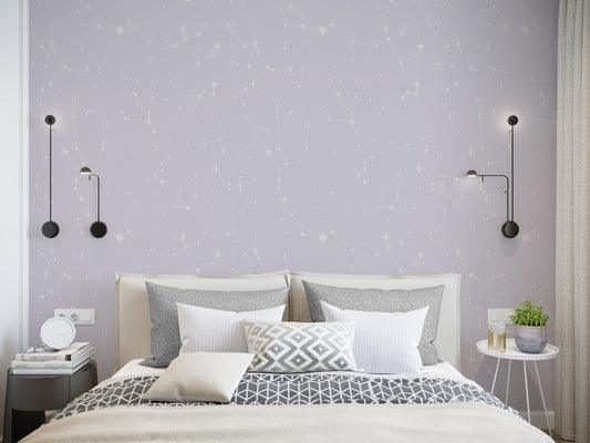 Ariana Lilac Constellation Zodiac Wallpaper in a Grey Beige Bedroom