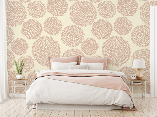 Auxence Taupe Neutral Circle Wallpaper with a Neutral Bedroom with Pink Accents