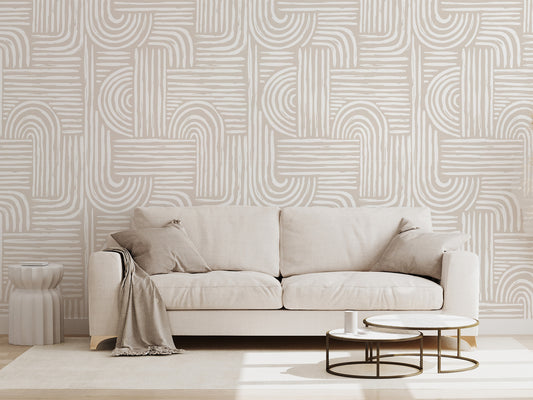 Beige and white abstract modern brushstroke removable peel and stick wallpaper in a minimalist beige living room