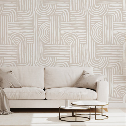 Beige and white abstract modern brushstroke removable peel and stick wallpaper in a minimalist beige living room