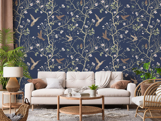 Derora - Chinoiserie Trees, Birds & Flowers Peel & Stick Wallpaper