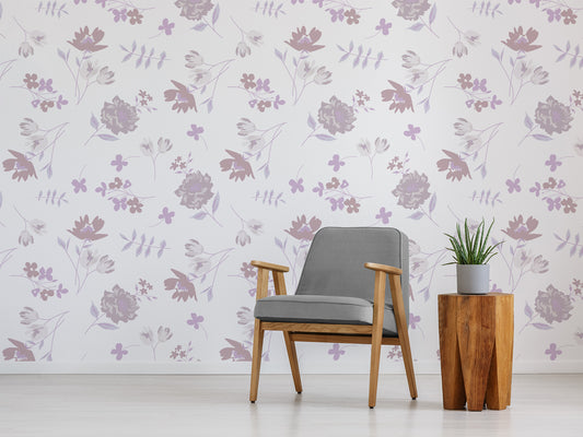 Fleur Pink Purple Floral Wallpaper with Grey Occasional Chair Cactus