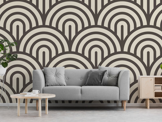 Jabrielle Cream Black Retro Arches Wallpaper with Grey Sofa Coffee Table Plant Stand