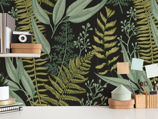 Kimberly Vintage Green Leaves Wallpaper in Study Room with Sticky Notes