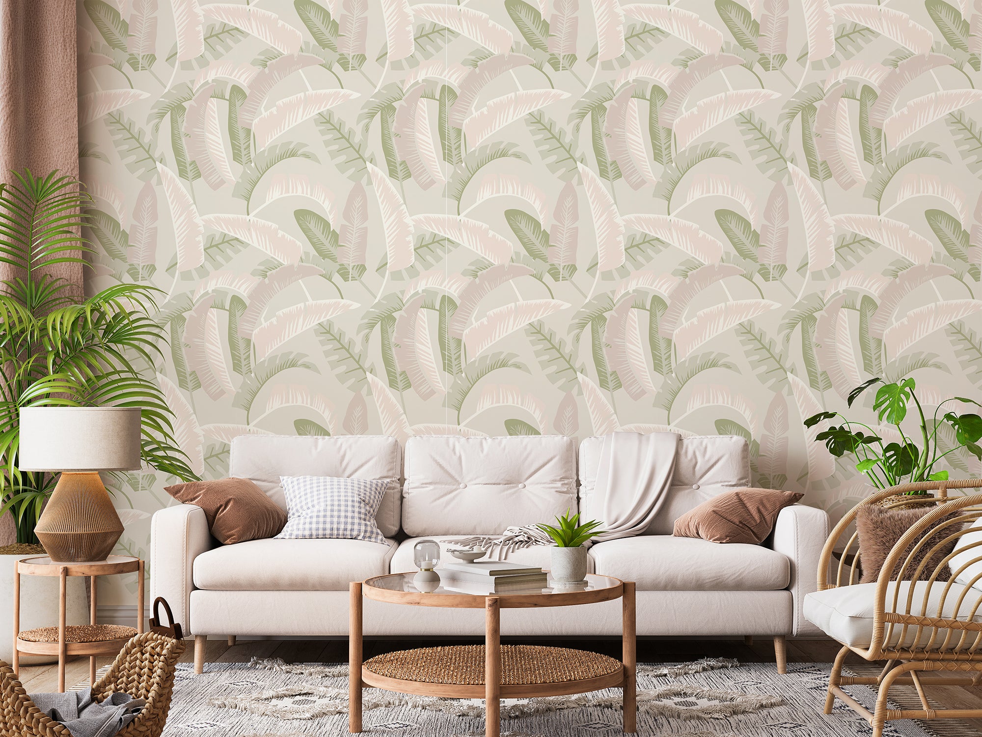 Pastel Green & Beige Tropical Leaves Wallpaper 