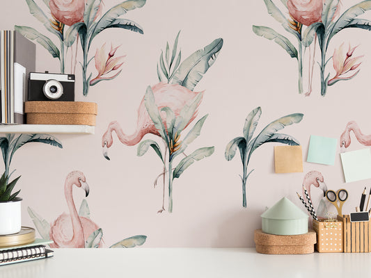 Valencia Pink Flamingo Watercolor Wallpaper in Study Room with Sticky Notes