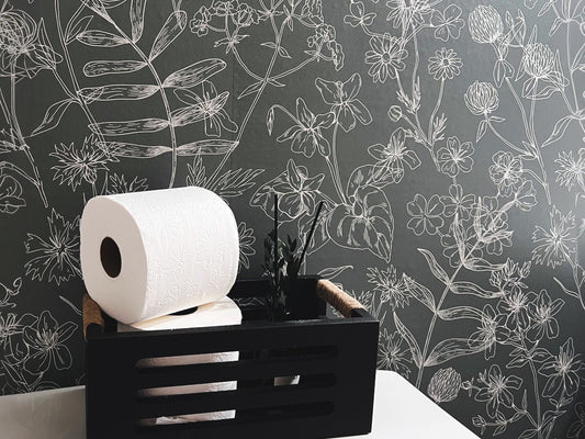 Baire Wallpaper In Bathroom With Toilet And Toilet Roll In Front