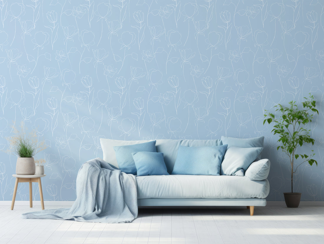 Cool Serene Blue Floral Wallpaper In Living Room