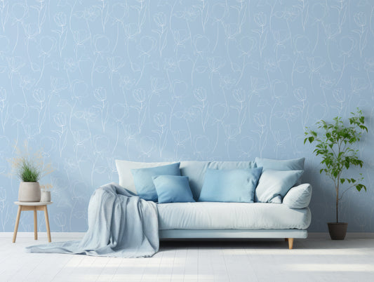 Cool Serene Blue Floral Wallpaper In Living Room