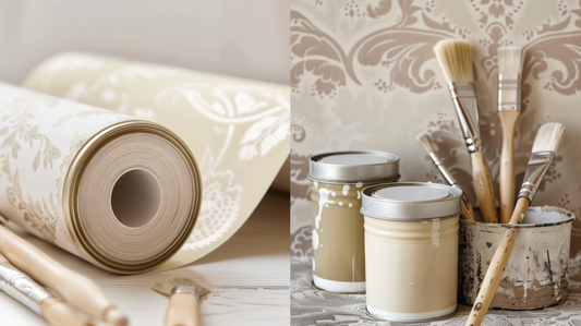 Wallpaper Roll On One Side With Paint Pots & Paint Brushes On The Other Side