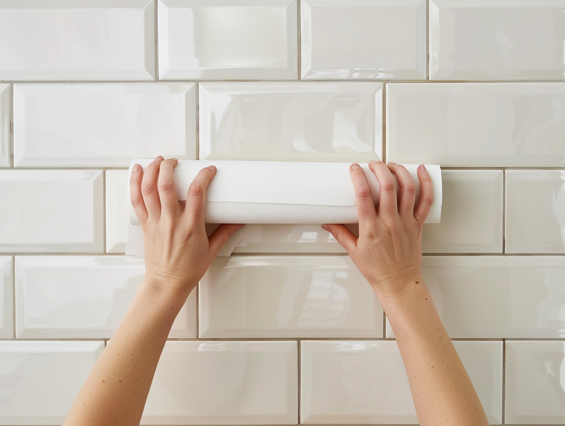 Image of a person hoding up a white roll of wallpaper over some white subway tiles in a bathroom