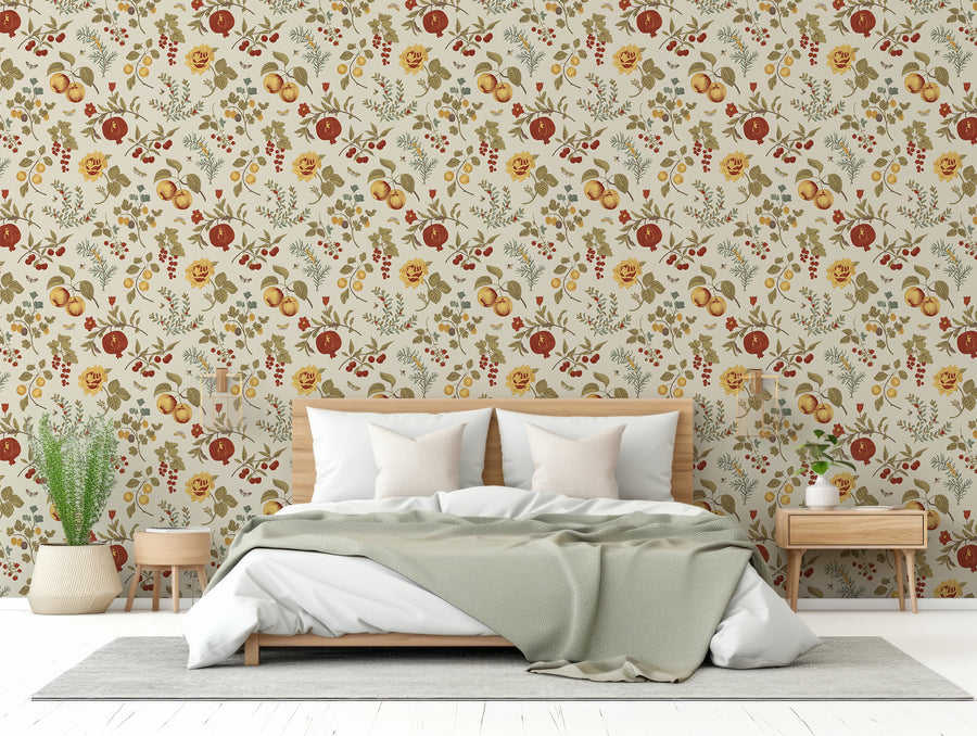 Afina Wallpaper In Bedroom With Wooden Fram Bed With Sage Blanket And Plants Either Side of The Bed