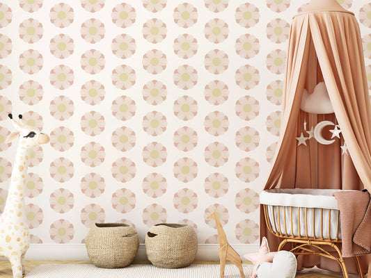 Amy Wallpaper In Children's Cot Covered in Beige Fabric With Toy Giraffe