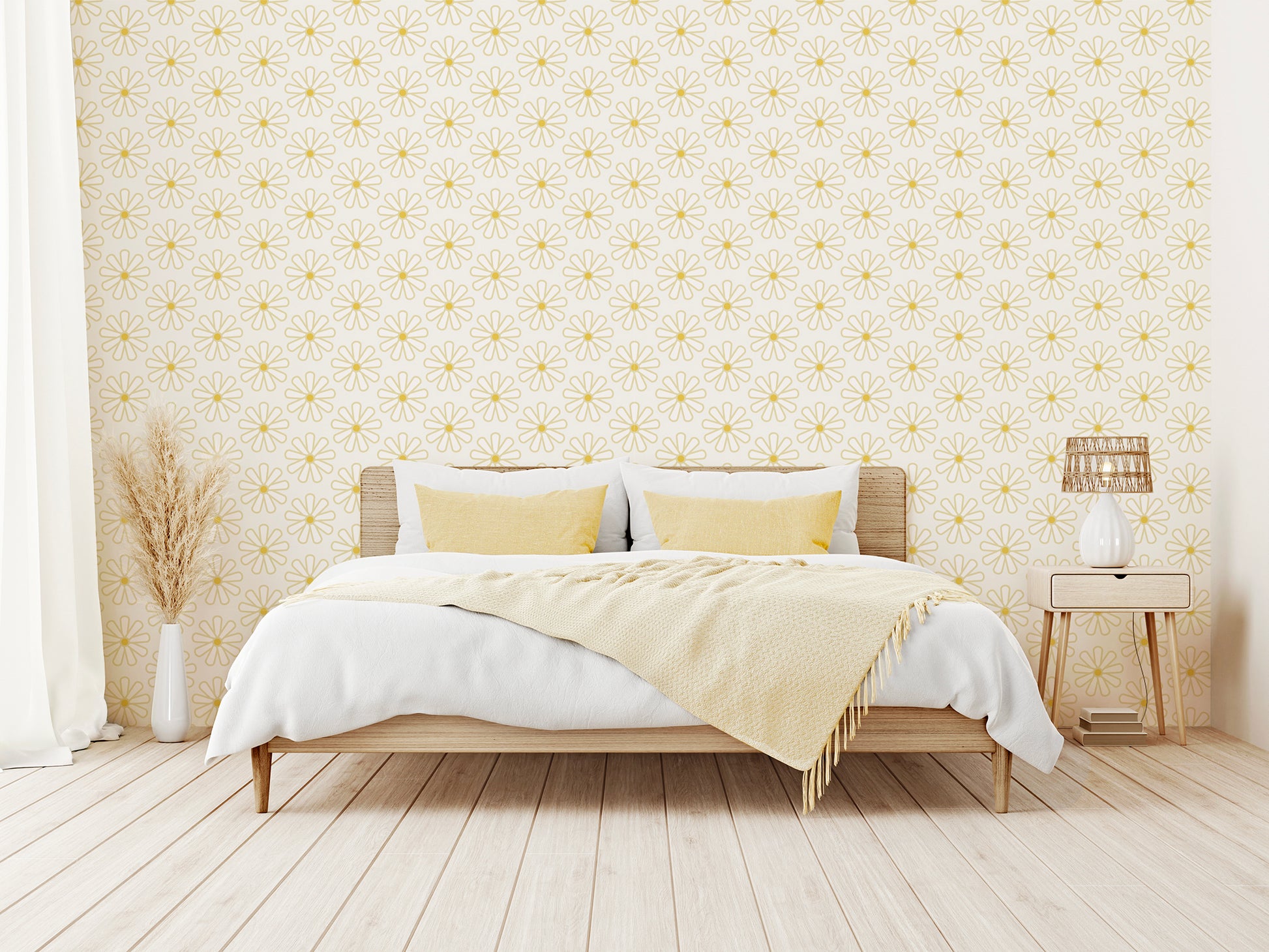 Arleth Wallpaper With Beige Bed With Beige Plants and Lampshade