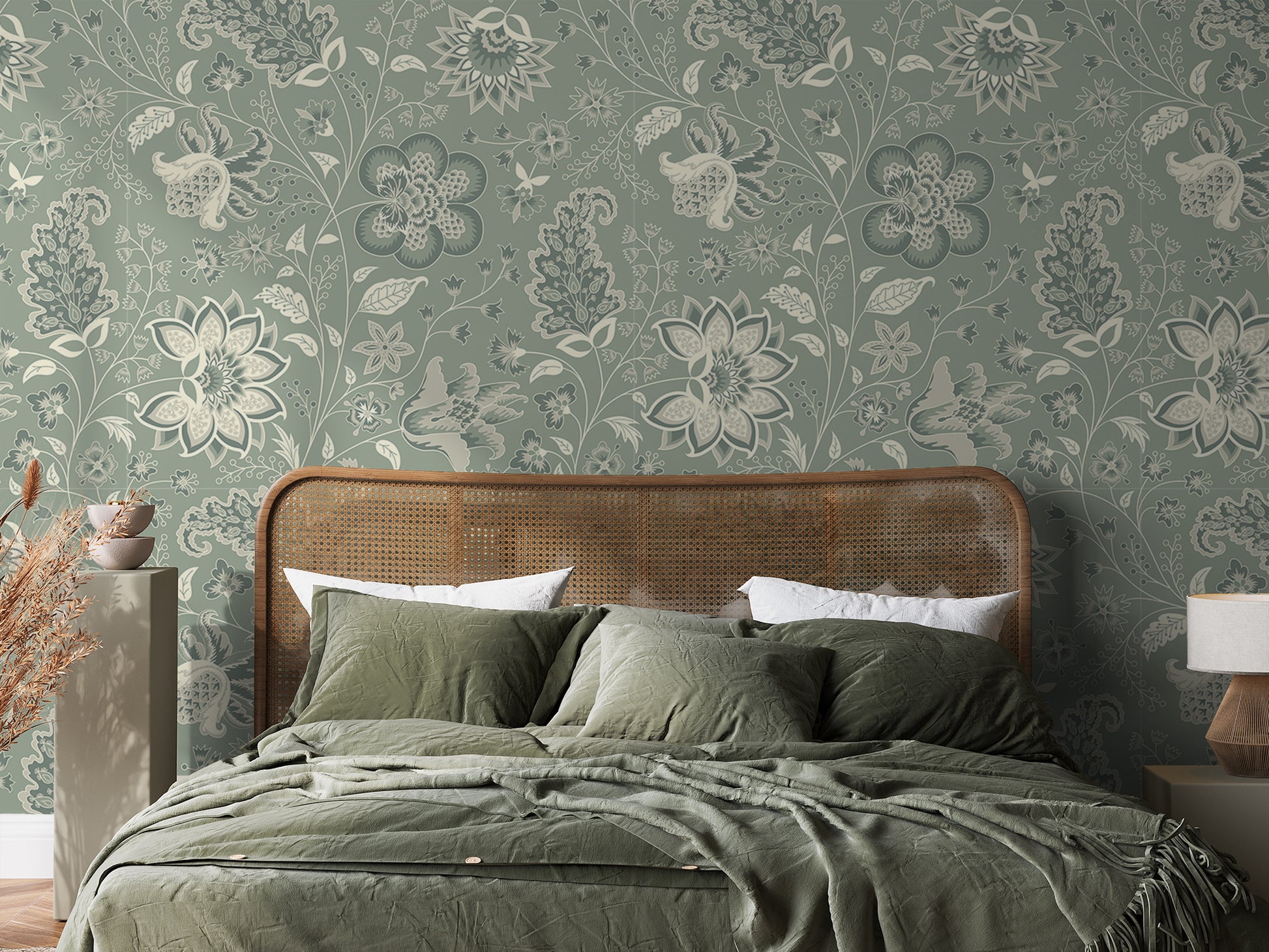 Azalea Wallpaper In Green Bedroom and Bed