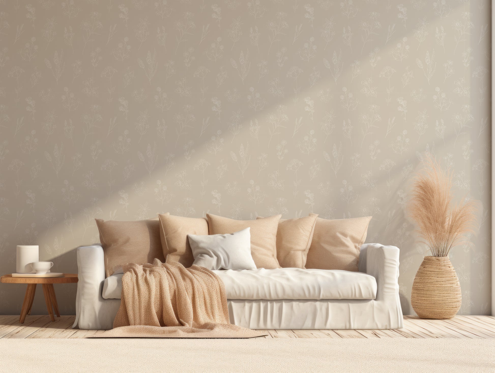 Billie Wallpaper In Living Room With Neutral Cream And Beige Sofa With Feathers Next to Sofa