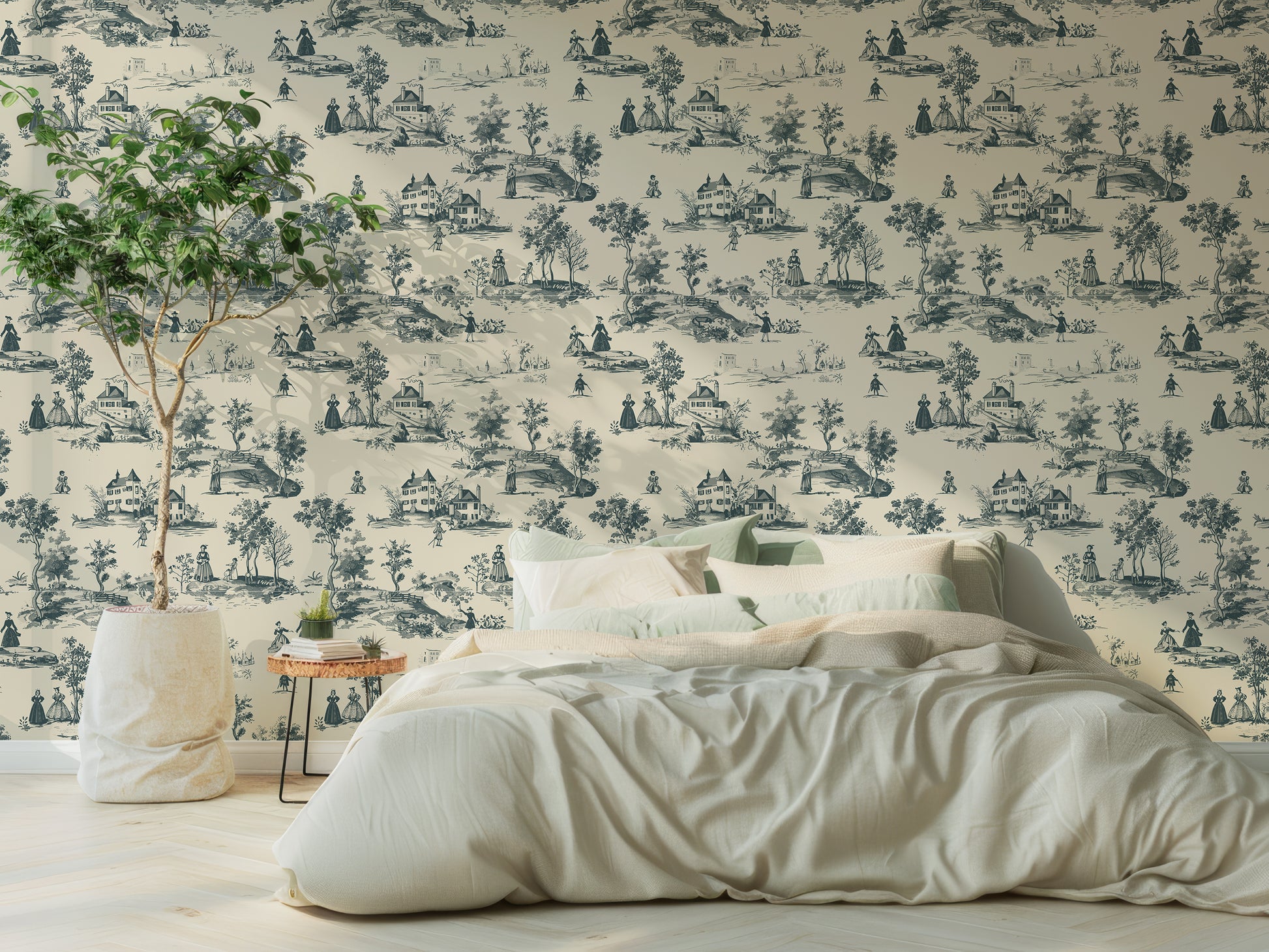 Camille Wallpaper In Bedroom With Sage Green Bed And Small Green Tree In White Pot Next To It