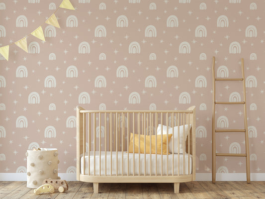 Carina Boho Rainbow And Stars Wallpaper In Nursery With Wooden Cot With Yellow Cushions