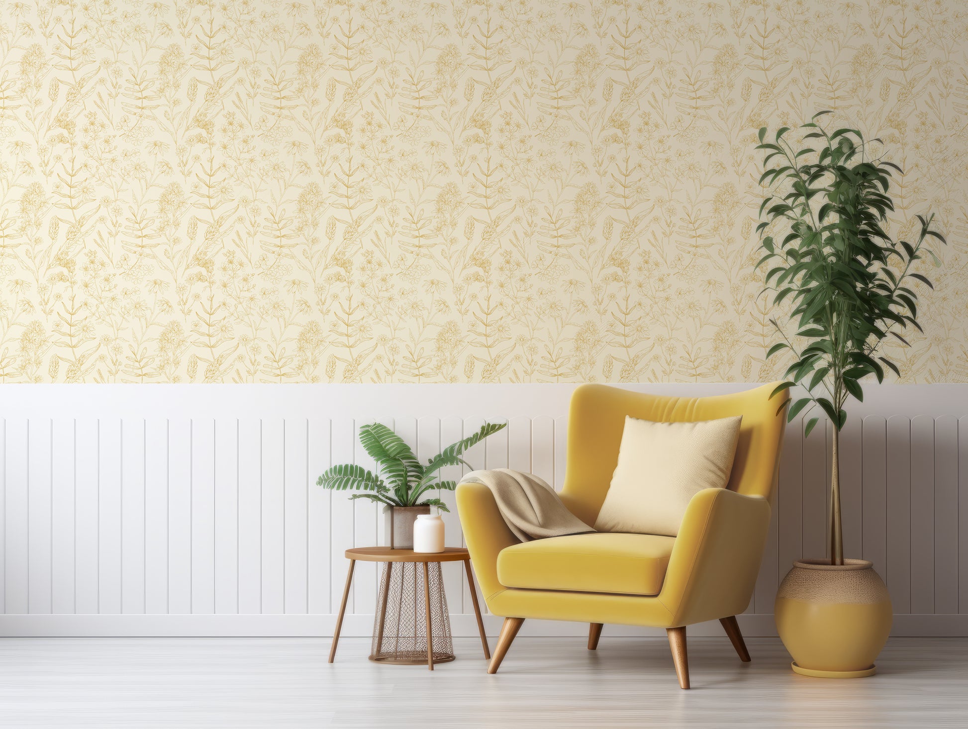 Carmen Wallpaper In Room With Mustard Yellow Chair And White Panelled Wall
