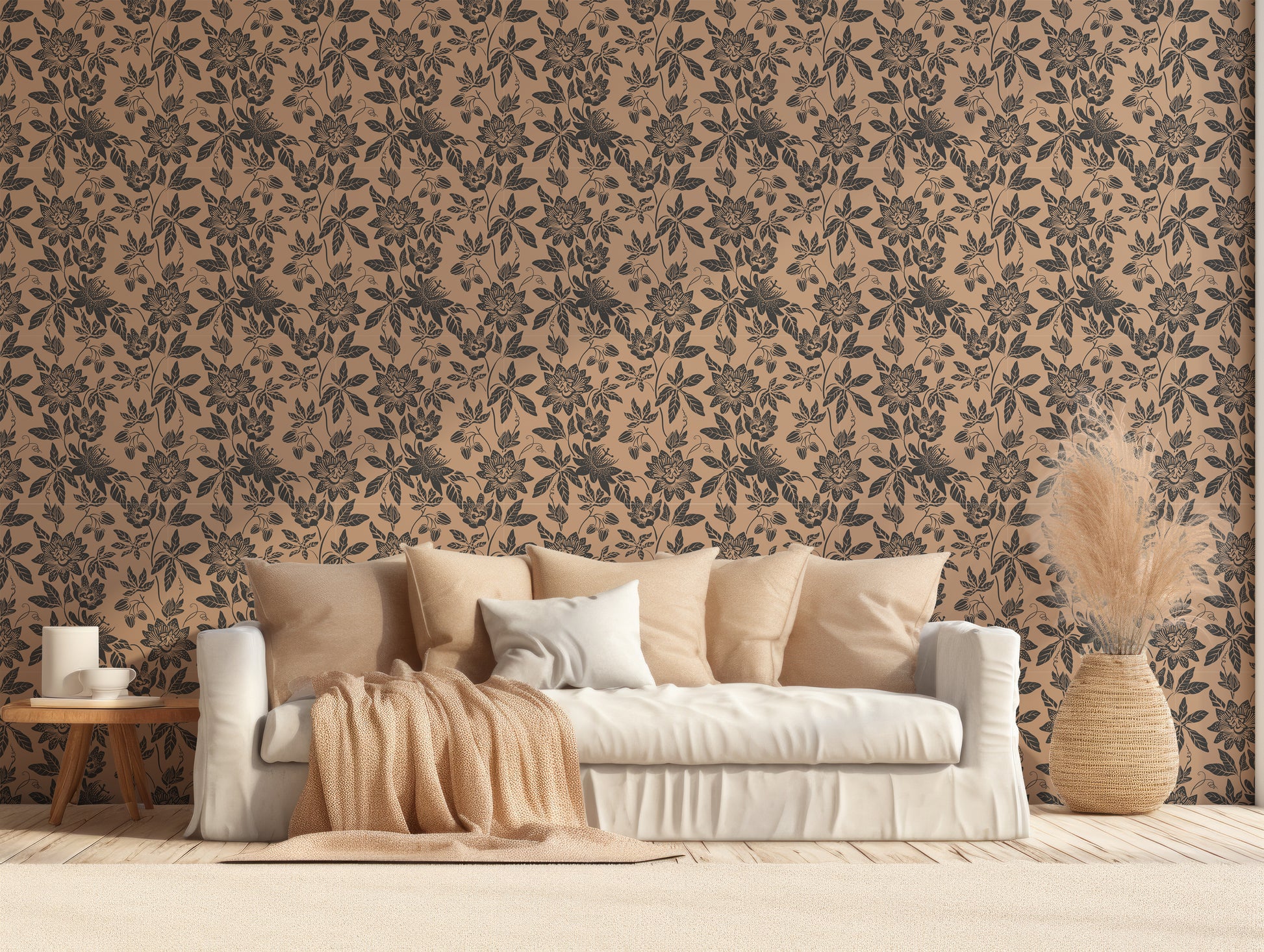 Cecilia Wallpaper In Living Room With Neutral Cream And Beige Sofa With Feathers Next to Sofa