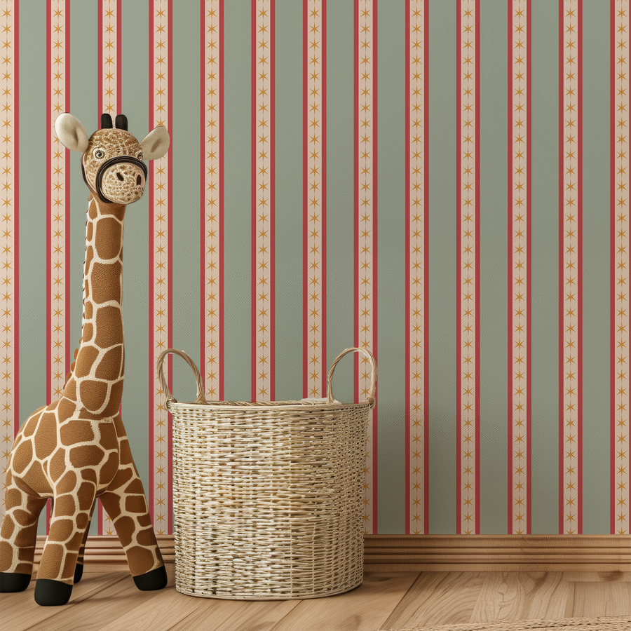 A children's room with a giraffe toy and rattan basket featuring the Hector wallpaper which is fine vertical stripes with small stars in a repeating pattern on a soft neutral background.