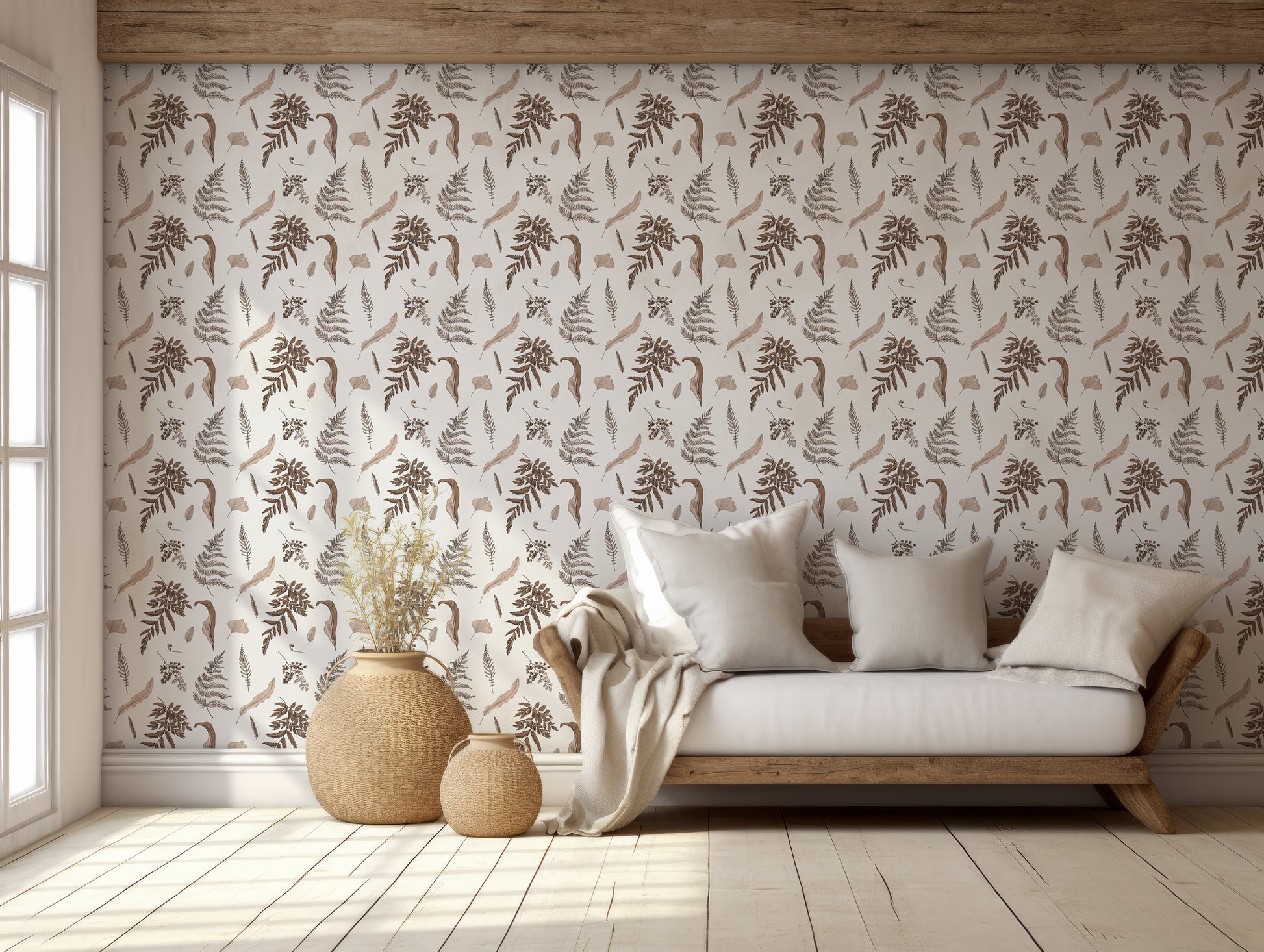 Cordeilia Wallpaper In Living Room WIth Small Farmhouse Sofa With Large Woven Plant Pots And Light Shining Through